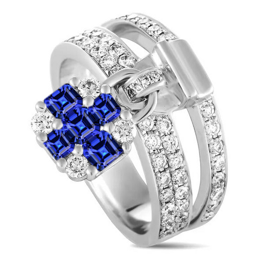 Round Diamond Asscher Sapphire Ring Lock Style Split Shank