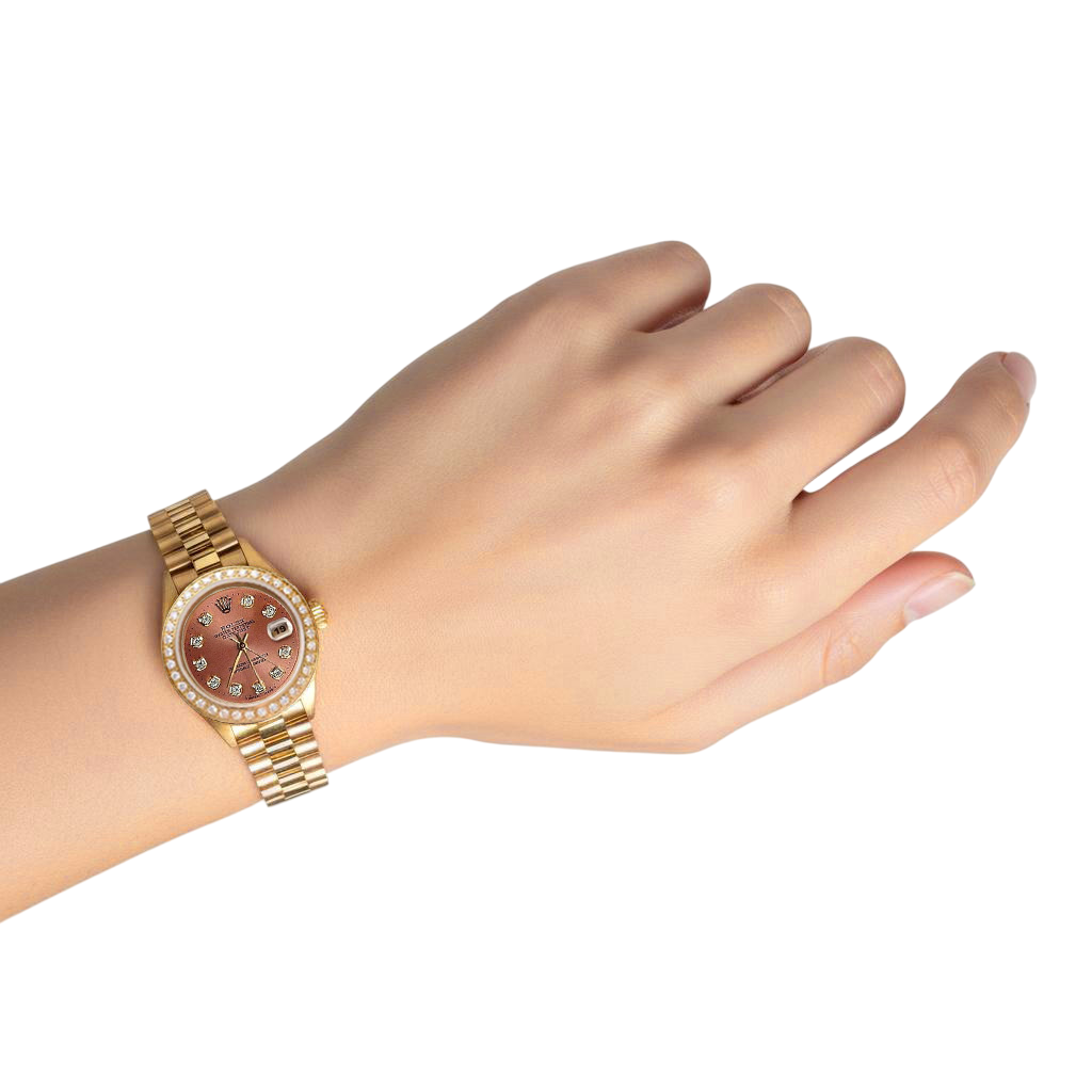 Salmon Natural Earth Mined Diamond Dial Bezel Rolex President Style Watch Dj P2