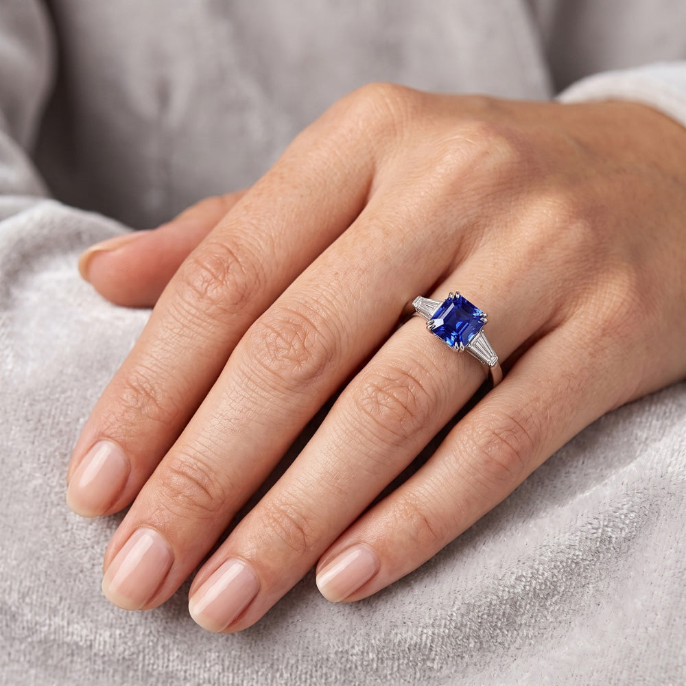Sapphire And Baguette Natural Earth Mined Diamond Ring