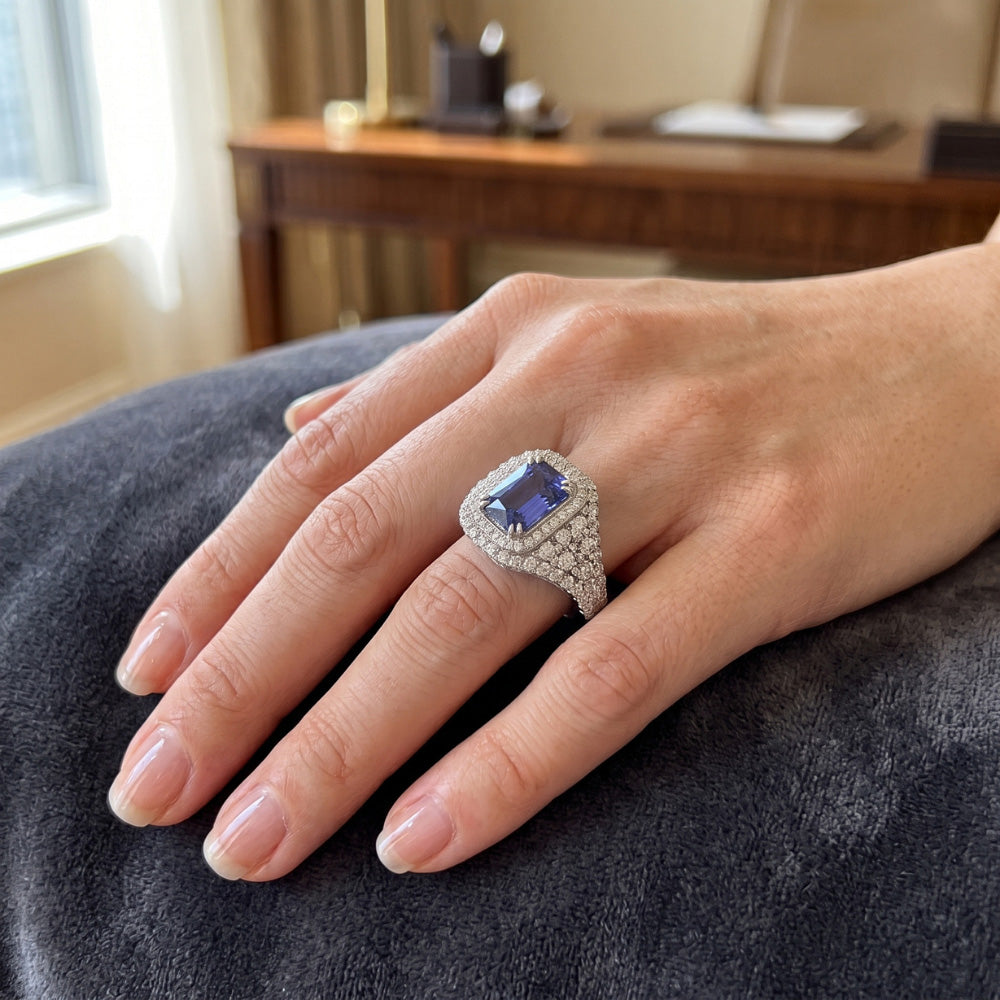 Sapphire Gemstone Ring 4.50 Carats Multi Row Pave Set Natural Earth Mined Diamond Shank