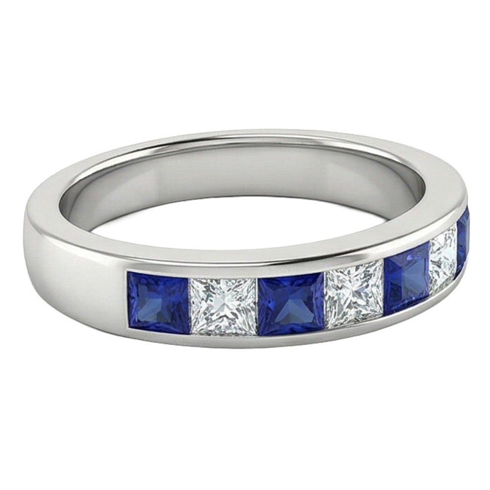 Sapphire & Natural Earth Mined DIAMOND ( NOT LAB GROWN ) Princess Eternity Band 1 Carat White Gold