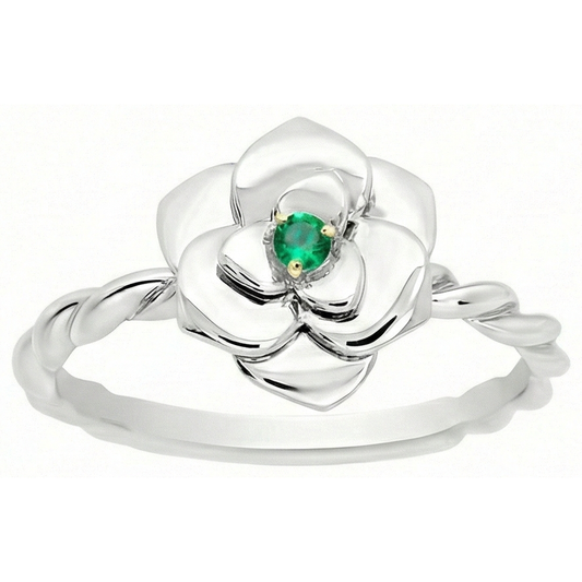 Fine Emerald Round Brilliant Gemstone Ring in 14 Karat Two Tone Gold – front view