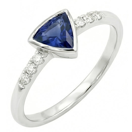 Small Round Natural Earth Mined Diamond Ring Trillion Bezel Set Blue Sapphire 0.75 Carats