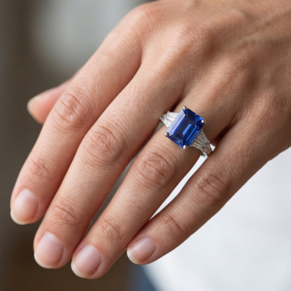 Solitaire Accents Ring Baguette & Emerald Ceylon Sapphire 4 Carats