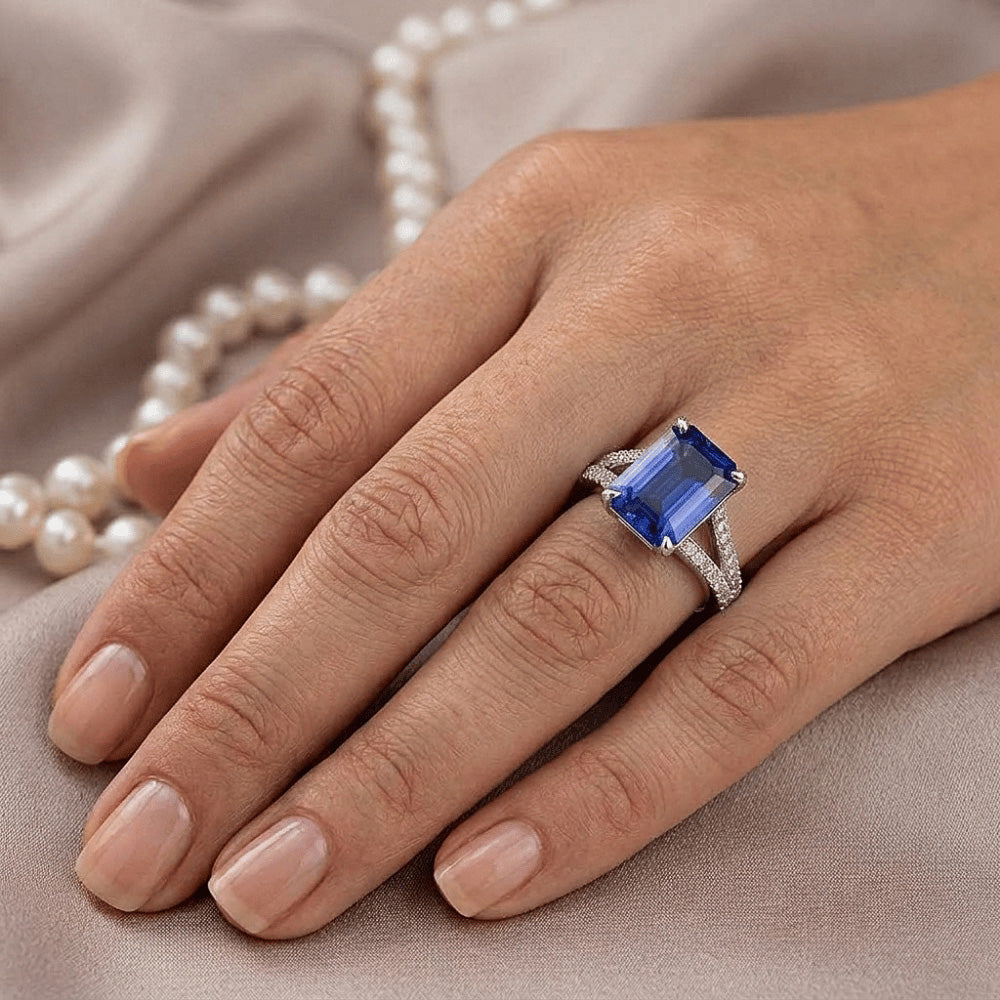Solitaire Accents Ring White Gold Blue Sapphire & Natural Earth Mined Diamond 4 Carats