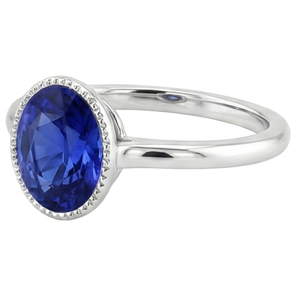 Solitaire Bezel Set Ceylon Sapphire Ring Oval White Gold 3 Carats