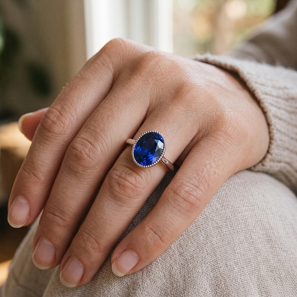 Solitaire Bezel Set Ceylon Sapphire Ring Oval White Gold 3 Carats