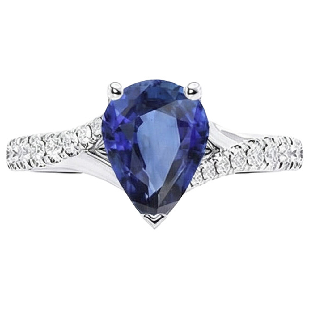 Solitaire Blue Sapphire Ring White Gold Pave Set Natural Earth Mined Diamonds 4 Carats