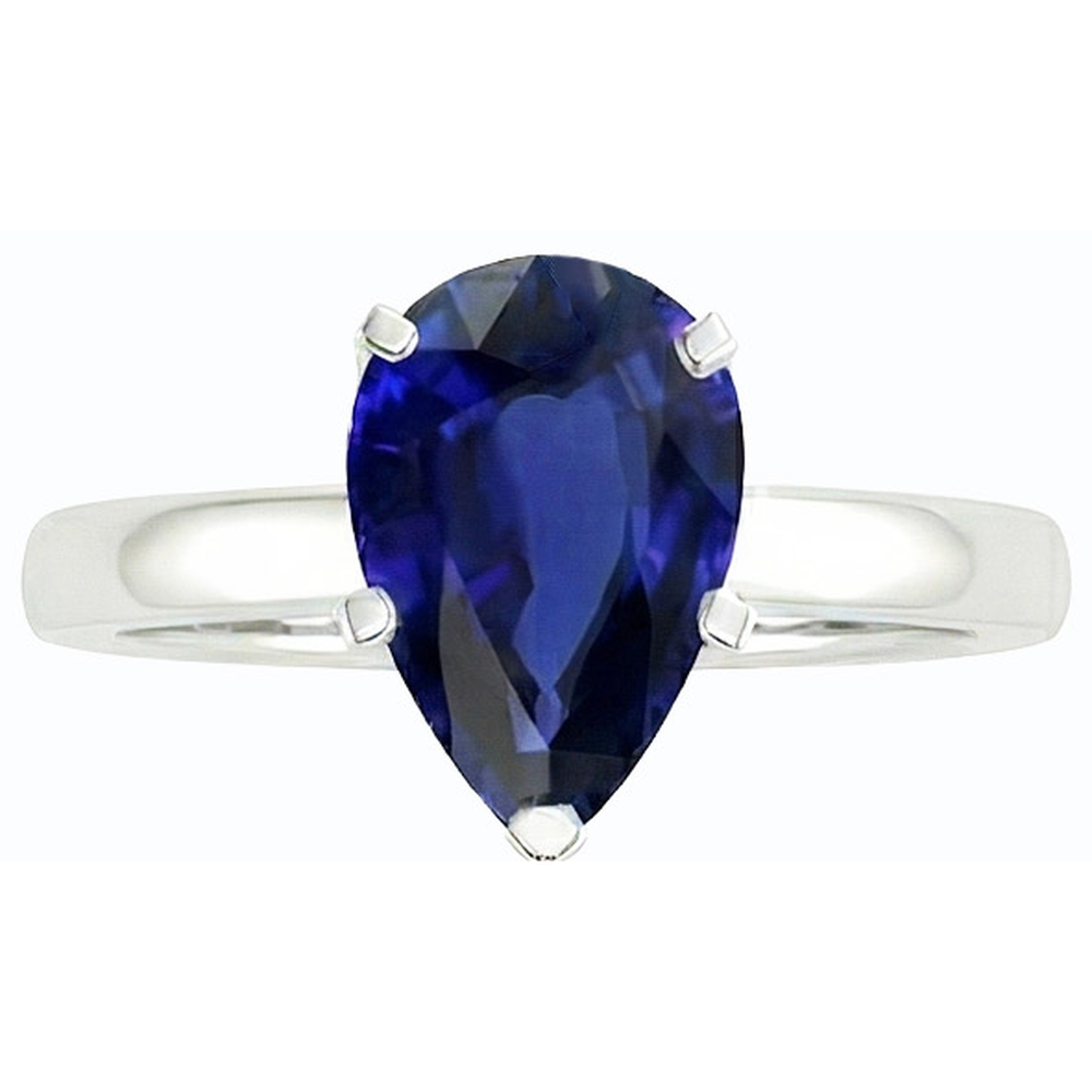 Solitaire Deep Blue Sapphire Ring White Gold 14K Pear Cut 3 Carats