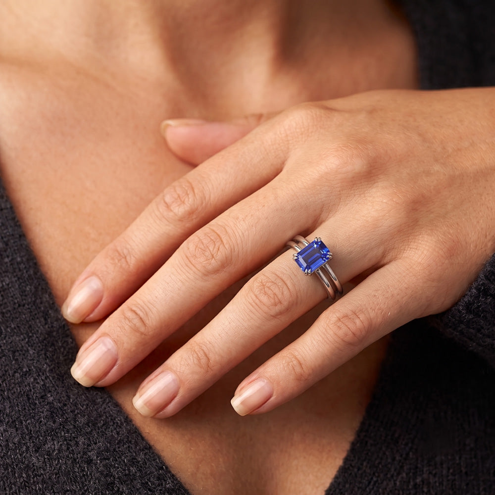 Solitaire Emerald Blue Sapphire Ring Double Prong Split Shank 2 Carats