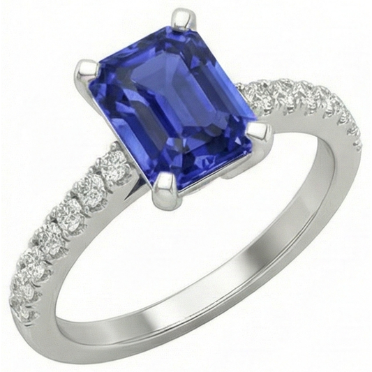 Solitaire Emerald Deep Blue Sapphire Ring With Accents 3 Carats