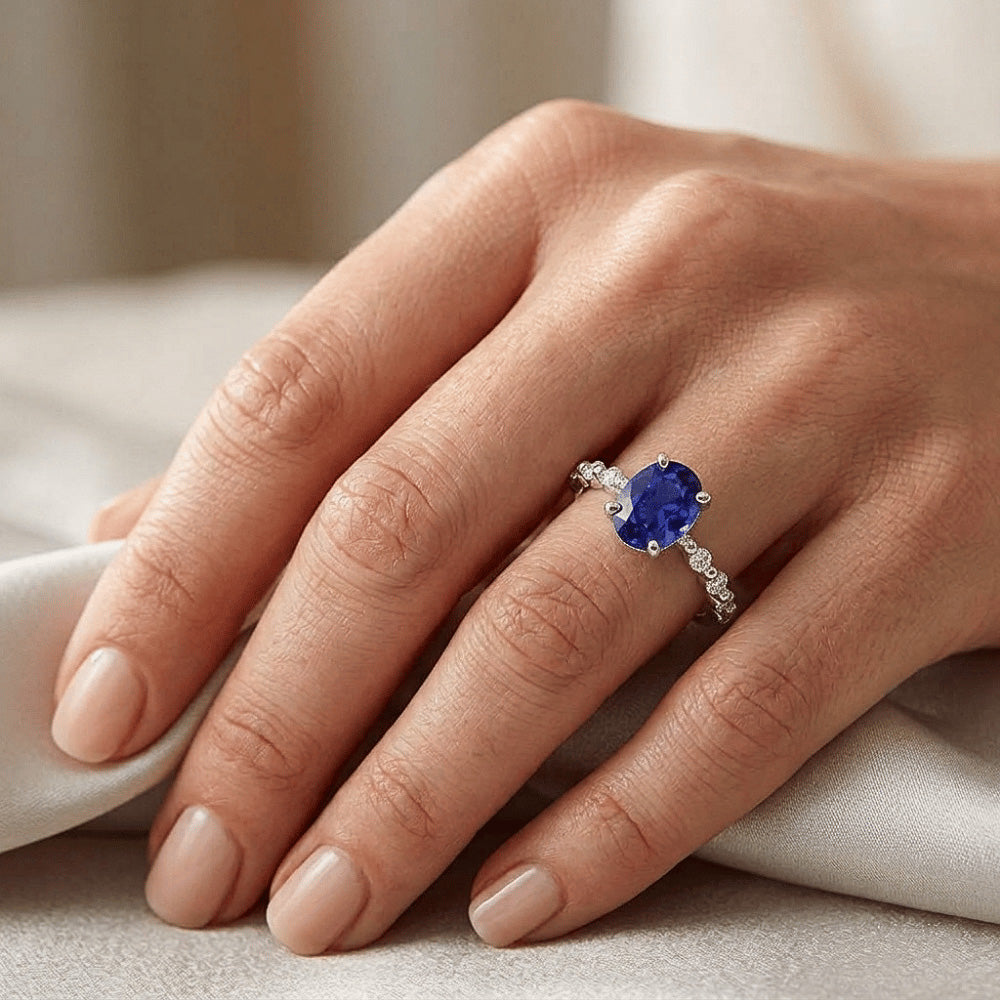 Solitaire Gemstone Ring With Natural Earth Mined DIAMOND ( NOT LAB GROWN ) Accents Ceylon Sapphire 3 Carats