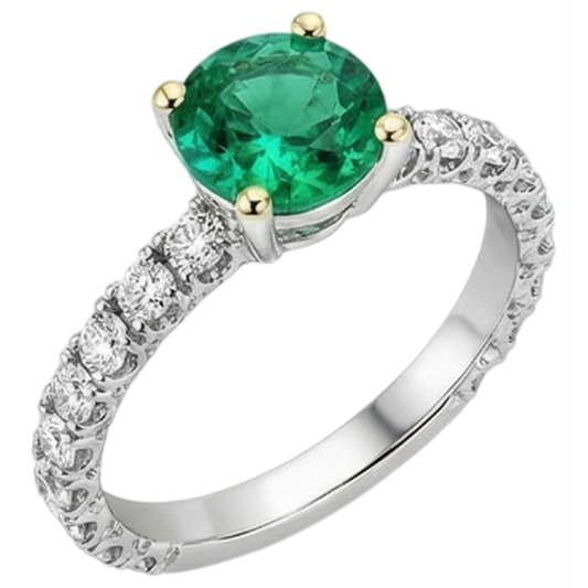 Round Cut Colombian Emerald ring in 14 Karat Two Tone Gold – front view