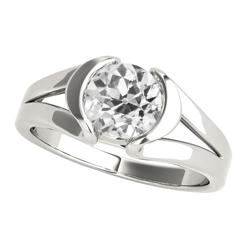 Solitaire Old Cut Natural Diamond Ring Half Bezel Set Split Shank 2 Carats