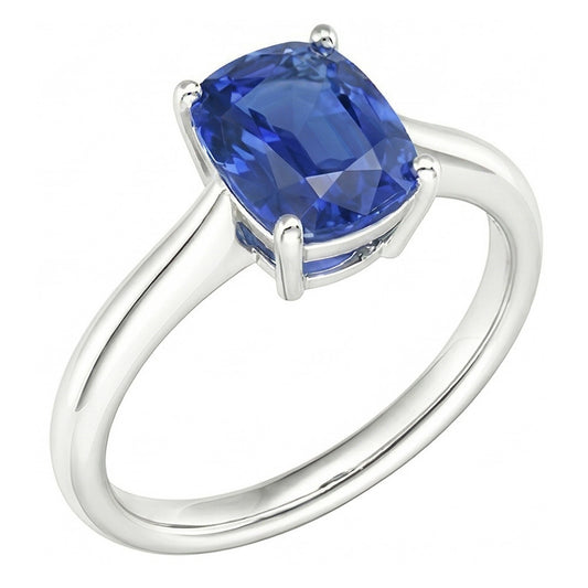 Solitaire Oval Natural Blue Sapphire Ring 2 Carats 14K White Gold