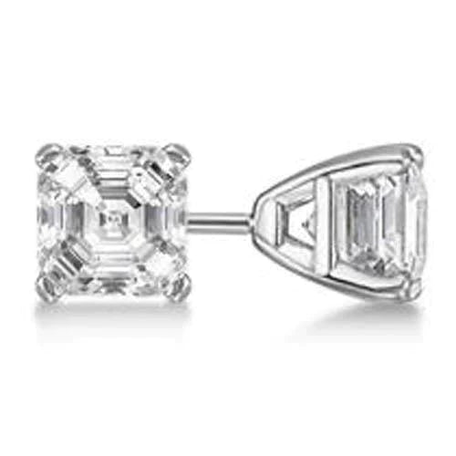 Solitaire Real Asscher Cut Diamond Stud Earrings Prong Set 2 Carat WG