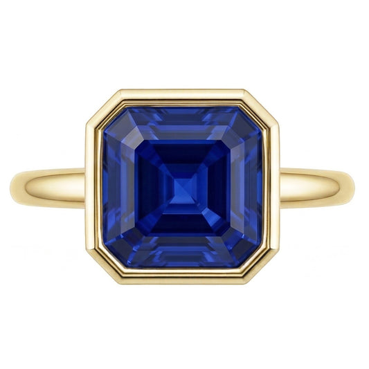 Solitaire Ring 1.50 Carats Bezel Set Asscher Sapphire Yellow Gold 14K