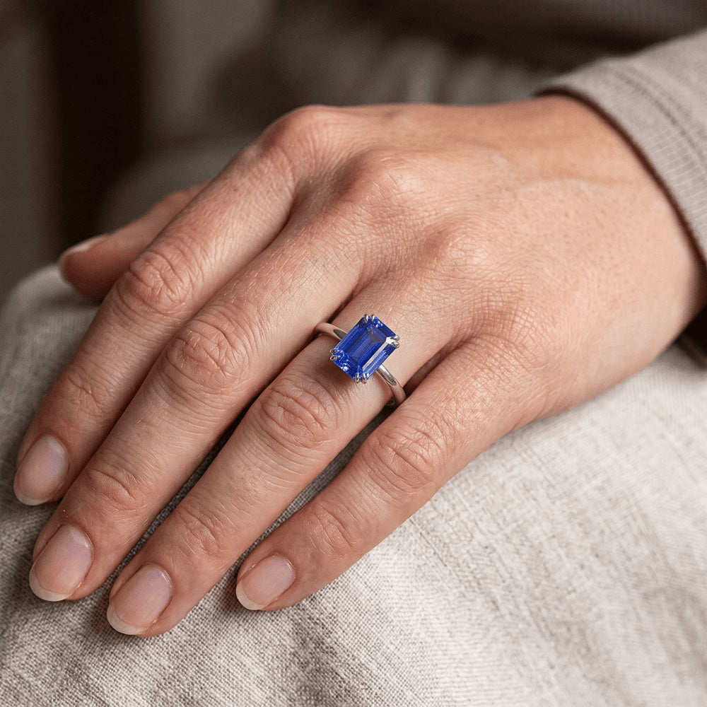 Solitaire Ring Emerald Blue Sapphire 3 Carats White Gold 14K