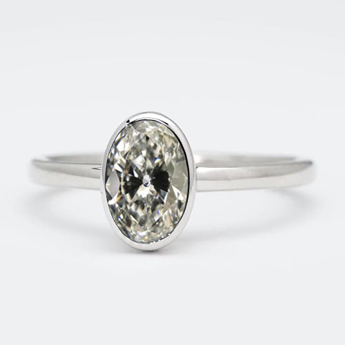 Solitaire Ring Oval Old Mine Cut Real Diamond Bezel Set 14K Gold 3 Carats