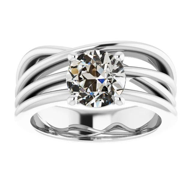 Solitaire Ring Real Round Old Mine Cut Diamond Triple Split Shank 2 Carats