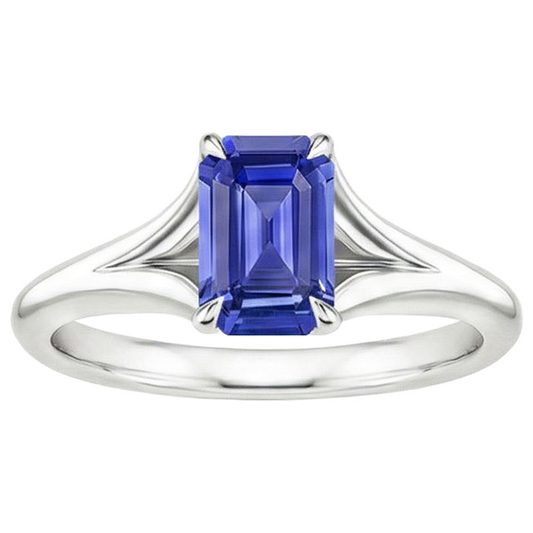 Solitaire Ring Sri Lankan Sapphire 3 Carats Emerald Cut White Gold 14K