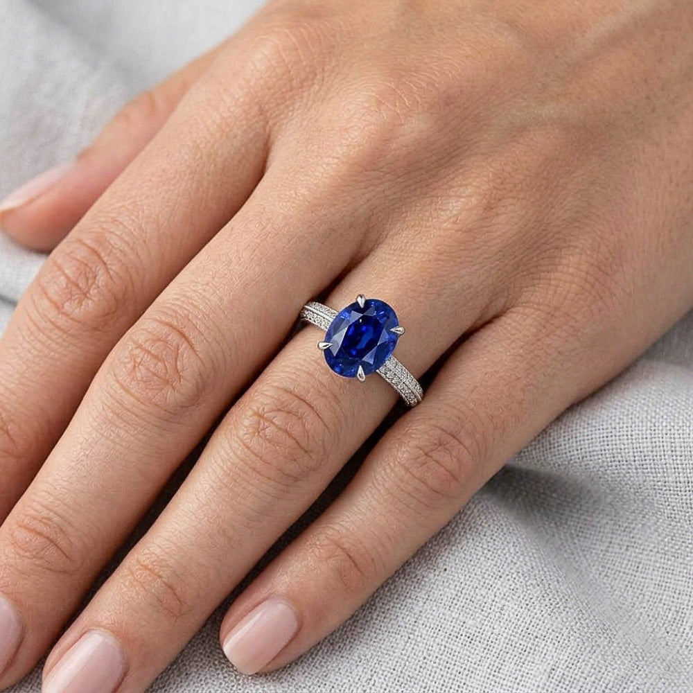 Solitaire Ring With Accents Oval Blue Sapphire & Natural Earth Mined Diamonds 4.50 Carats