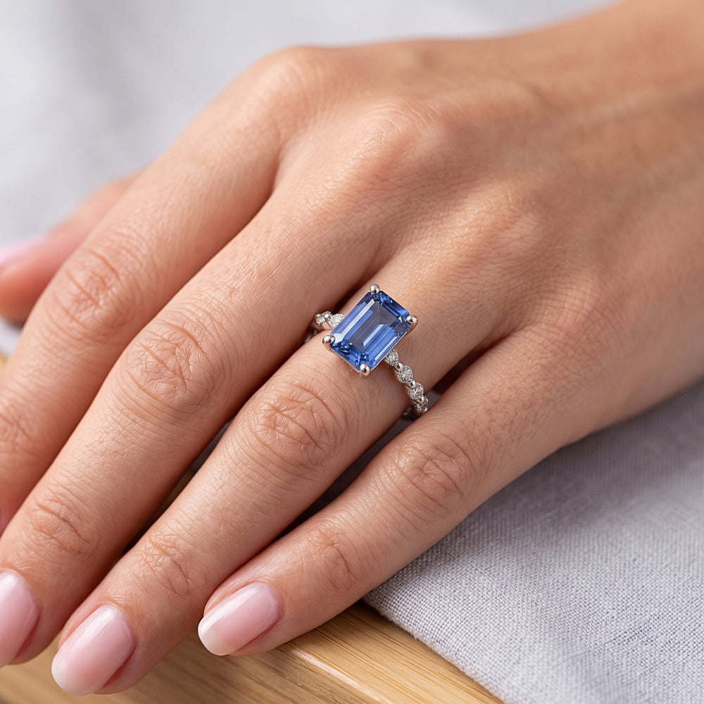 Solitaire Ring With Side Stones Blue Sapphire & Natural Earth Mined Diamond 4 Carats