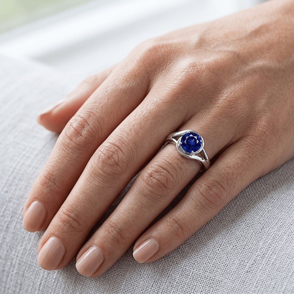 Solitaire Round Blue Sapphire Ring Prong Set Split Shank Gold 2 Carats