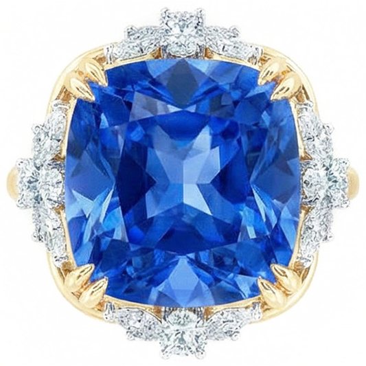 Sparkling Cushion Ceylon Color Sapphire IGI CERTIFIED Diamond Ring 7.81 Ct Yellow Gold 14K