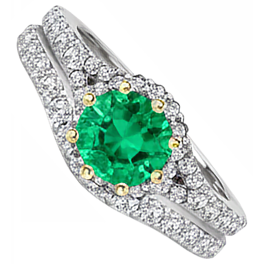 Emerald Round Brilliant Precious Stone Ring in 14K Two Tone Gold – front view