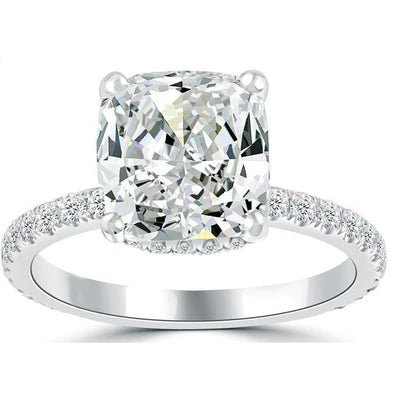 Sparkling Hidden Halo Cushion Real Diamond Engagement Ring White Gold