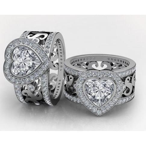 Sparkling Real Heart Cut Fancy Diamond Wide Ring 6.35 Carats White Gold 14K