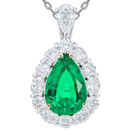 Emerald Pear Cut Gemstone Pendant in 14 Karat Two Tone Gold – main view