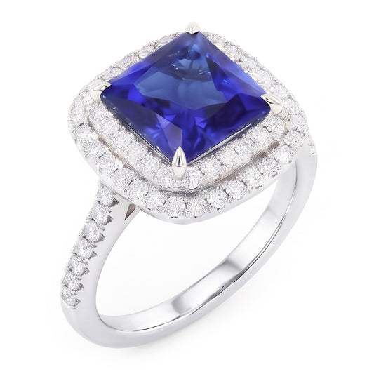 Square Cut Double Halo Sri Lankan Sapphire Ring 4.50 Carats White Gold