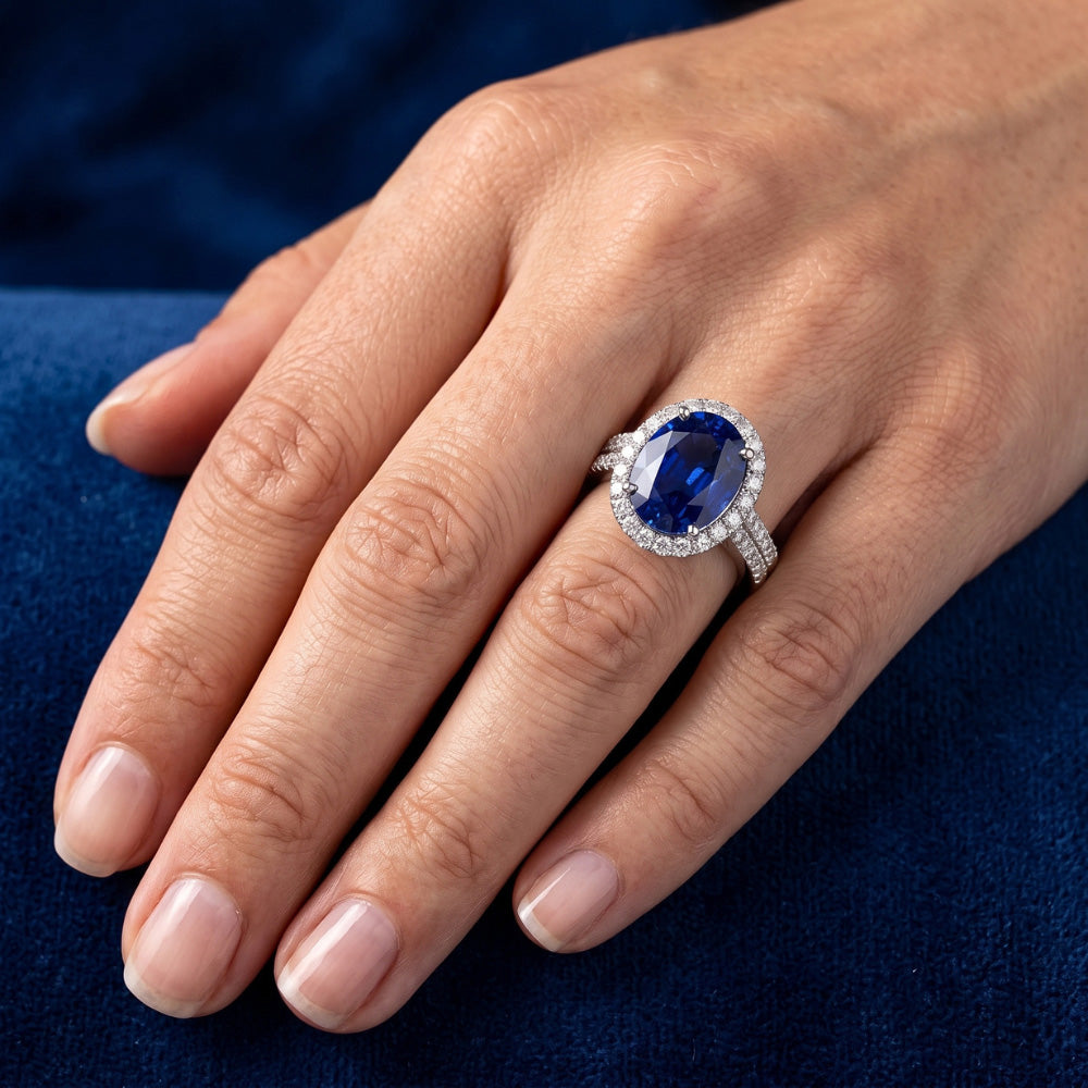 Sri Lanka Sapphire Oval And Round Natural Earth Mined DIAMOND ( NOT LAB GROWN )s 7.01 Ct Ring DIAMOND ( NOT LAB GROWN )s