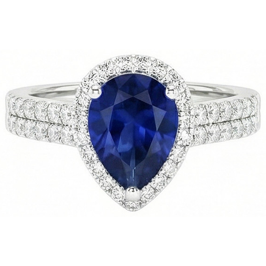 Sri Lankan Blue Sapphire Pear & Round Natural Earth Mined DIAMOND ( NOT LAB GROWN ) Ring 2.75 Carat WG 14K
