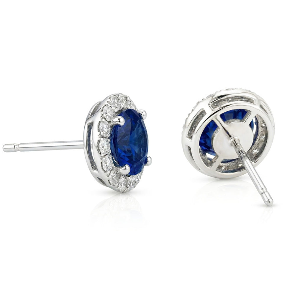 Sri Lankan Sapphire And Halo Natural Earth Mined Diamond 6.40 Ct Round Cut Stud Earring
