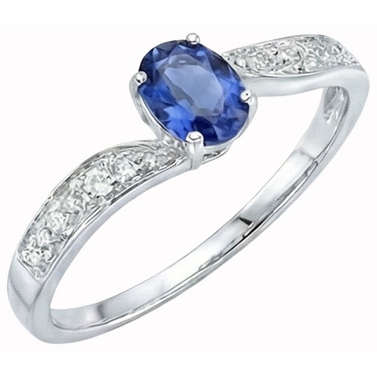 Sri Lankan Sapphire Oval Natural Earth Mined DIAMOND ( NOT LAB GROWN ) Promise Ring White Gold 14K