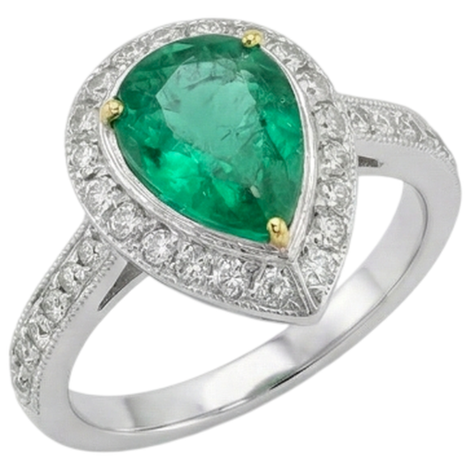Fine Emerald Pear Shape Gemstone Ring in Two-Tone 14K Gold – front view
