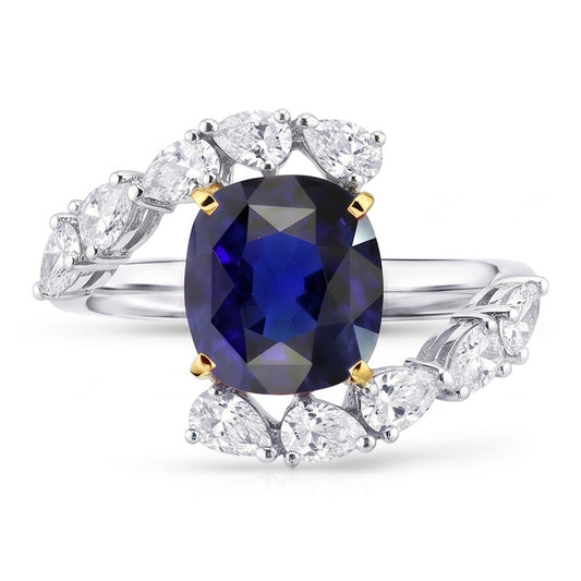 Tension Like Pear Natural Earth Mined Diamond Cushion Deep Blue Sapphire Ring 3.50 Carats