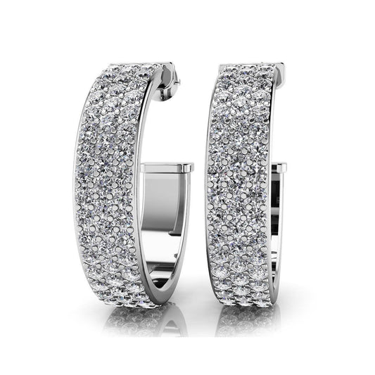 Three Row Round Cut 5.30 Carats Real Diamonds Hoop Earrings White Gold 14K