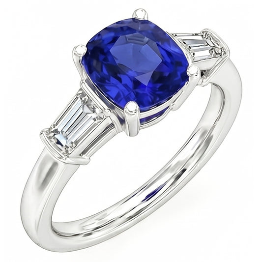 Three Stone Cushion Ceylon Sapphire Ring 2.25 Carats Baguette Natural Earth Mined Diamonds