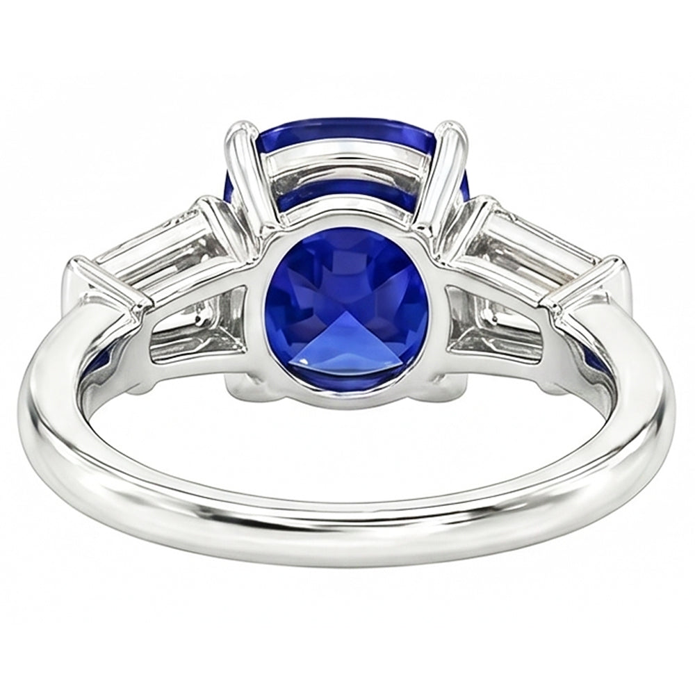 Three Stone Cushion Ceylon Sapphire Ring 2.25 Carats Baguette Natural Earth Mined Diamonds