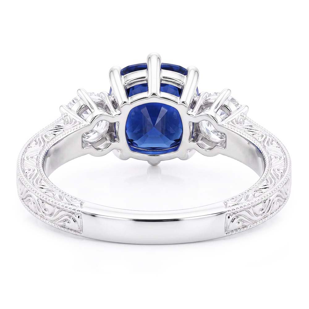 Three Stone Cushion Sapphire Ring Antique Style Natural Earth Mined Diamonds 2.50 Carats