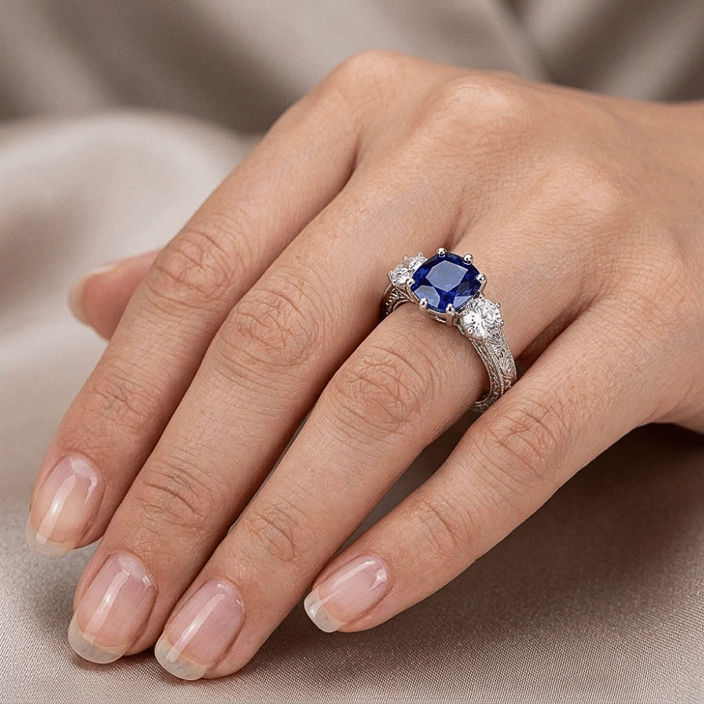 Three Stone Cushion Sapphire Ring Antique Style Natural Earth Mined Diamonds 2.50 Carats