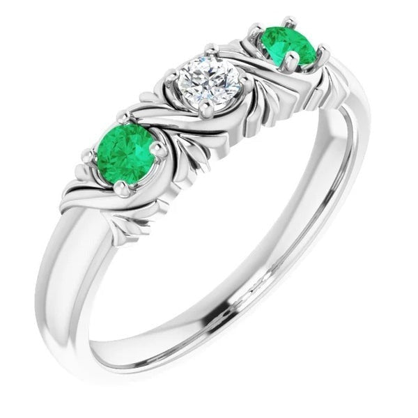 Three-Stone Diamond Ring Emerald Antique Style 0.60 Carats