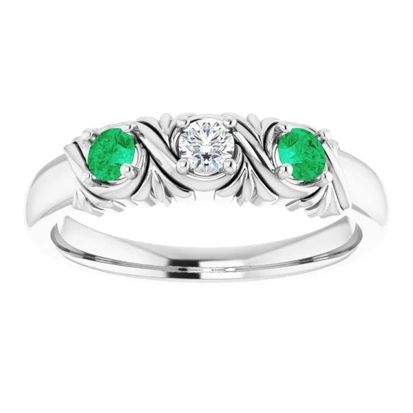 Three-Stone Diamond Ring Emerald Antique Style 0.60 Carats