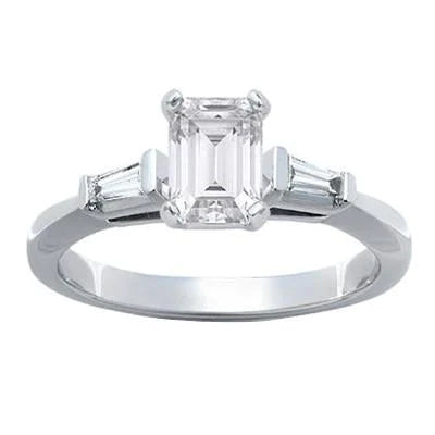 Three Stone Emerald And Baguette Cut Real Diamond Ring 1.61 Carats