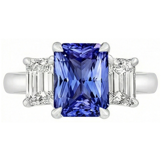 Three Stone Emerald Natural Earth Mined Diamond & Ceylon Sapphire Ring 3 Carats Prong Set