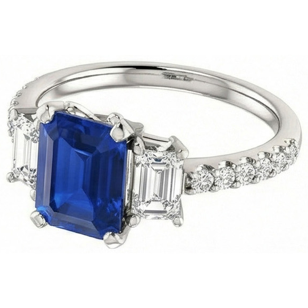 Three Stone Emerald Sapphire Ring With Accented Natural Earth Mined Diamonds 3.50 Carats